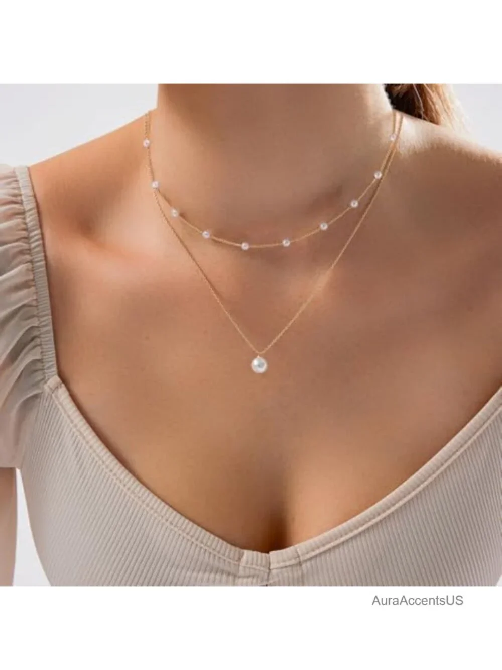 14K Gold Plated Pearl Necklace Set Trendy Dainty Pendant Choker Handmade